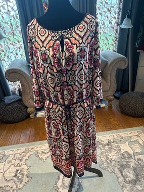 Liz Claiborne Pink, Black and White Printed Tie-Waist Long Sleeve Dress